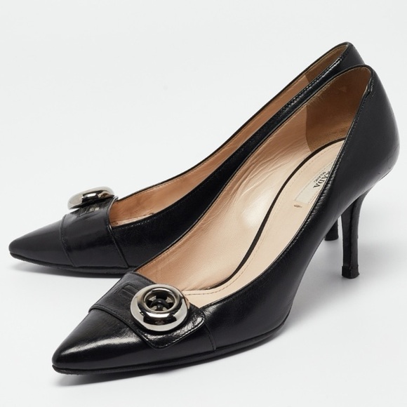 PRADA Black Leather Pointed Toe Button Accent Pumps Heels Shoes Size 38 - Picture 1 of 10